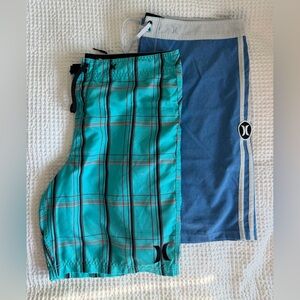 Hurley Men's Teal Plaid and Blue Athletic Shorts
